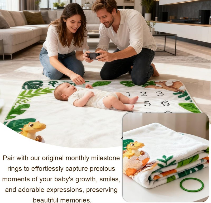 JIX SDFFAY Baby Monthly Milestone Blanket Dinosaur Newborn Month Blanket for Boy & Girl, Personalized Baby Shower Age Photo Photography Backdrop with Growth Prop Frame 45x40 Inches - Image 3